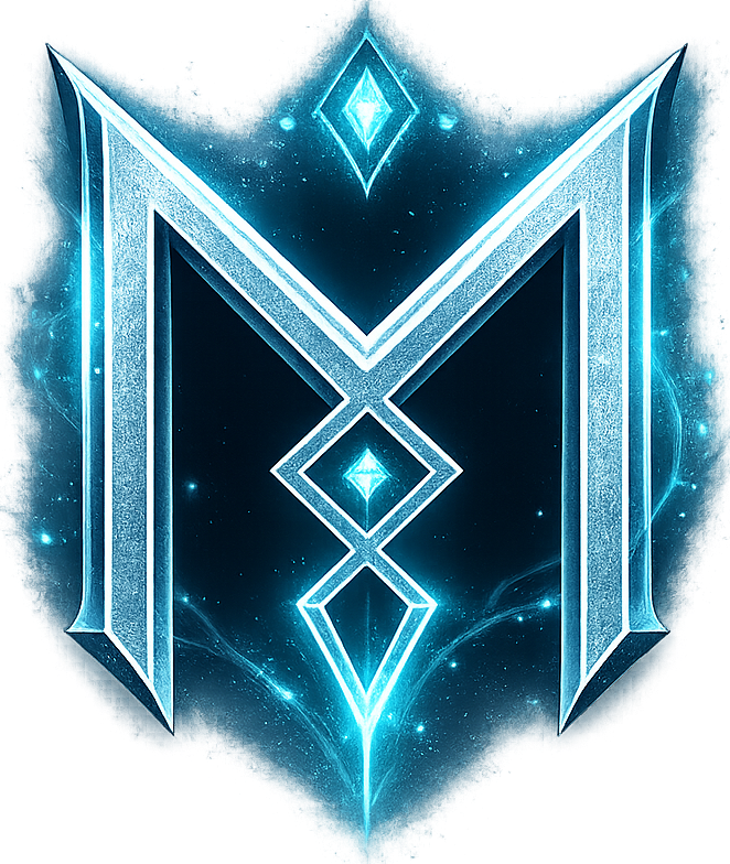 Mimir's Well sigil — angular M rune bordered by a shield frame with cyan gems